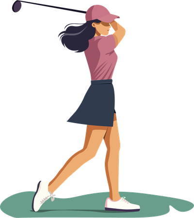 Mujer jugando al golf en postura después de golpear la pelota  Ilustración