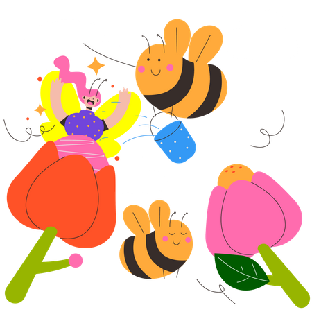 Mujer jugando con botánica y abejas.  Ilustración