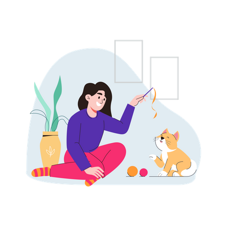 Mujer jugando con gato  Ilustración