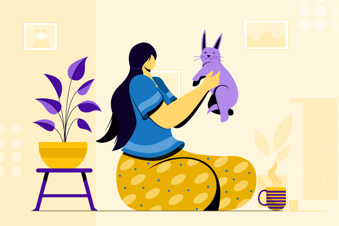 Mujer jugando con gato en casa  Ilustración