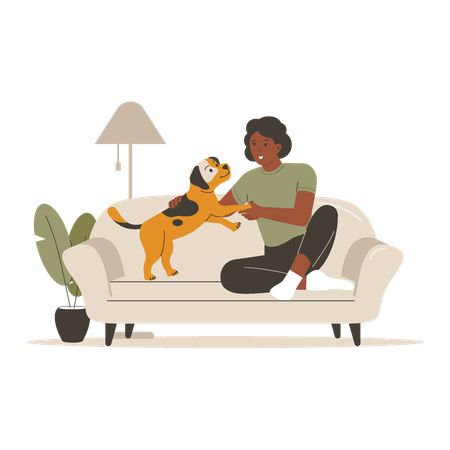 Mujer jugando con un lindo perro en el sofá  Ilustración