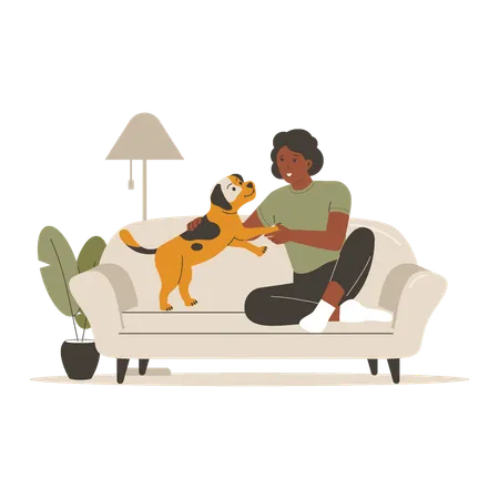 Mujer jugando con un lindo perro en el sofá  Ilustración