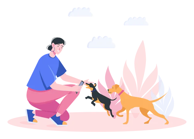 Mujer jugando con perros  Ilustración