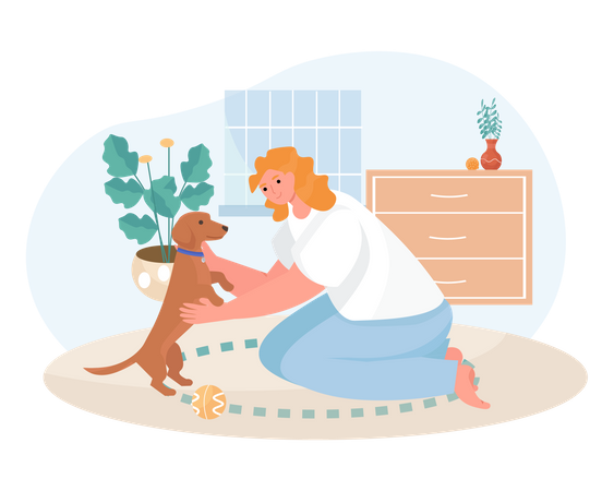 Mujer jugando con un perro en casa  Ilustración