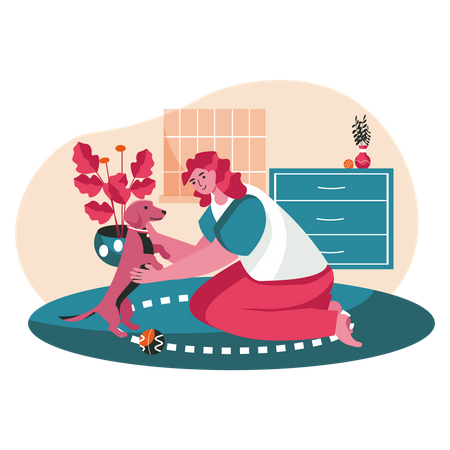 Mujer jugando con un perro en casa  Ilustración