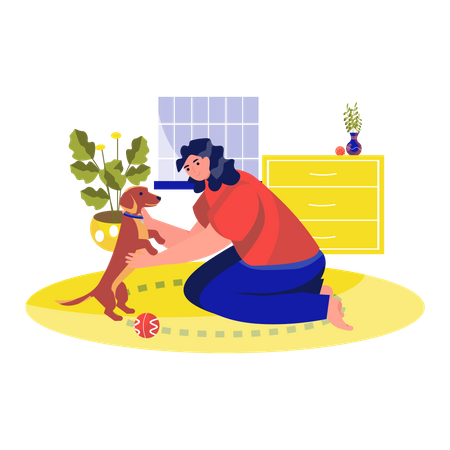 Mujer jugando con un perro en casa  Ilustración