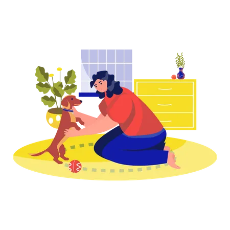 Mujer jugando con un perro en casa  Ilustración