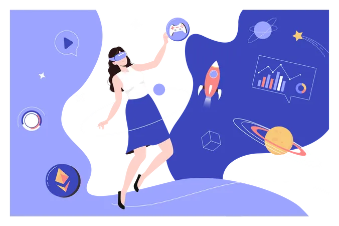 Mujer jugando videojuegos con planetas.  Ilustración