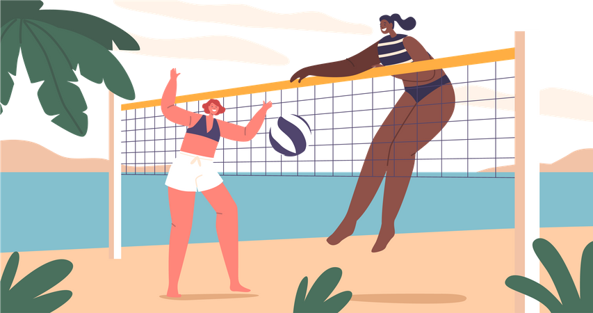 La mujer juega voleibol de playa en las costas arenosas  Ilustración