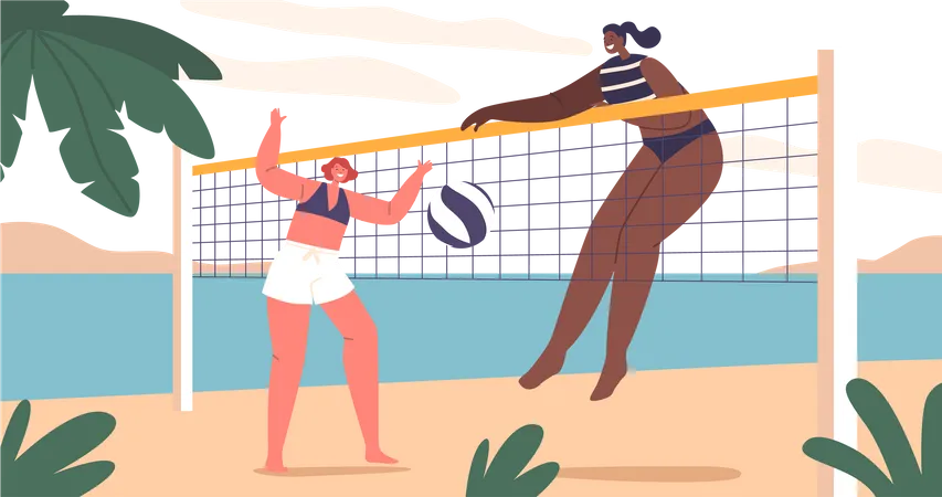 La mujer juega voleibol de playa en las costas arenosas  Ilustración