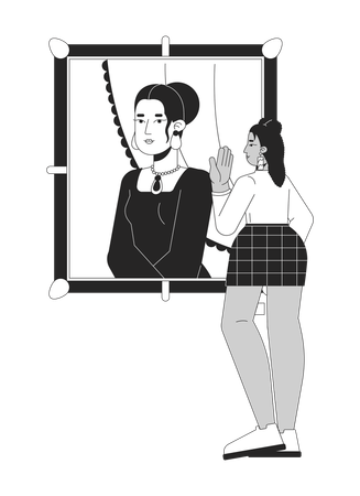 Mujer latina con curvas mirando la pintura de mona lisa  Ilustración