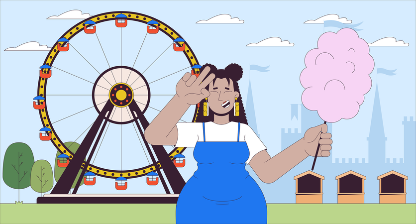 Mujer latina de talla grande visitando el parque de diversiones  Ilustración