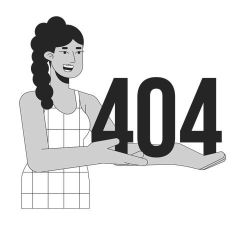 Mujer latina feliz con mensaje flash de error 404  Ilustración