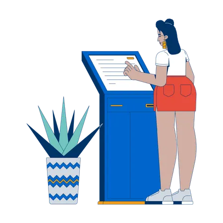 Mujer latina usando un quiosco de banca de autoservicio  Ilustración