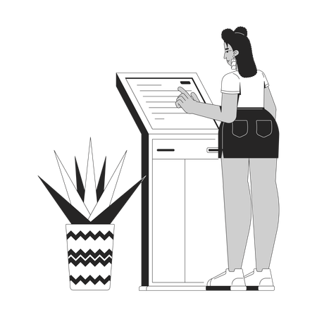 Mujer latina usando un quiosco de banca de autoservicio  Ilustración