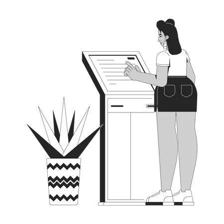 Mujer latina usando un quiosco de banca de autoservicio  Ilustración