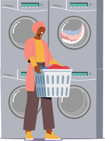 Mujer lava su ropa en lavandería pública  Ilustración