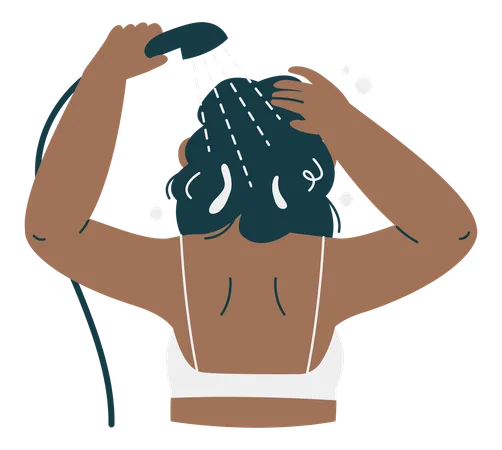 Mujer lavando el cabello con agua de la ducha  Ilustración