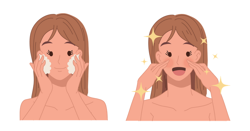 La mujer se lava la cara con un exfoliante facial  Ilustración