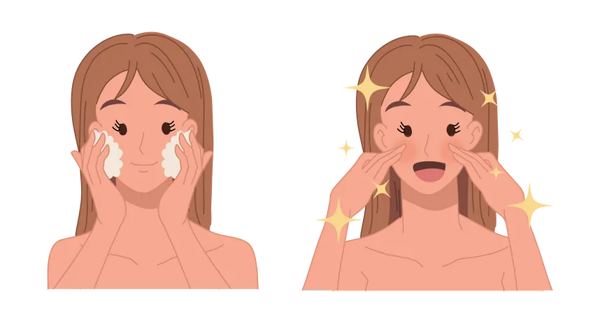 La mujer se lava la cara con un exfoliante facial  Ilustración