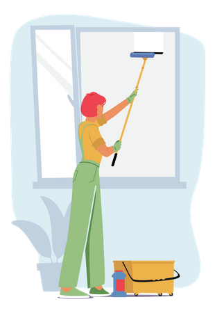 Mujer lavando el panel de la ventana  Ilustración