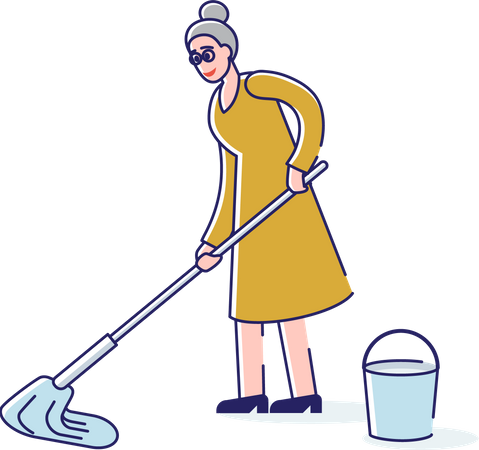 Mujer lavando el piso con ayuda de un trapeador  Ilustración
