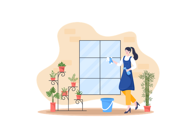 Mujer lavando el panel de la ventana  Ilustración