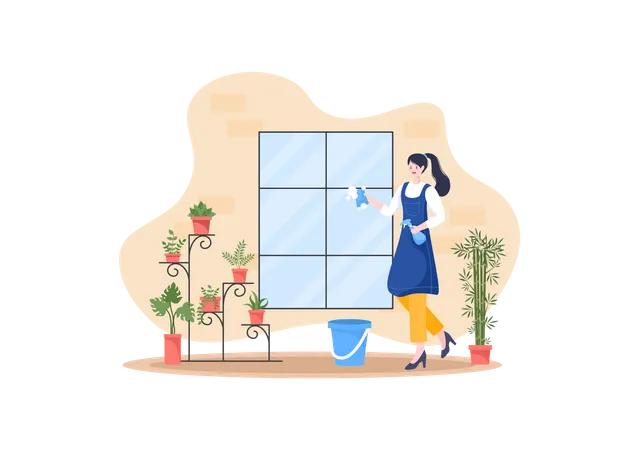Mujer lavando el panel de la ventana  Ilustración