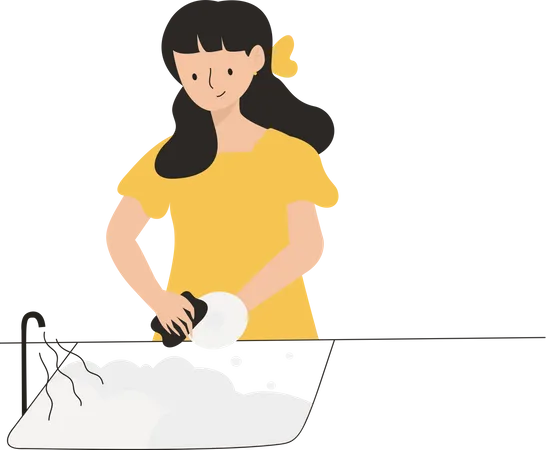 Ama De Casa La Mujer Esta Lavando Platos Ilustracion Vectorial De Un Diseno Plano Ilustración