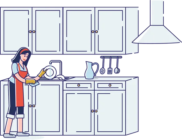 Mujer lavando platos en el fregadero  Ilustración