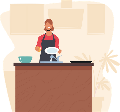 Mujer lavando platos en el fregadero  Ilustración