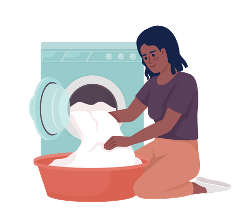 Mujer lavando ropa en lavadora  Ilustración