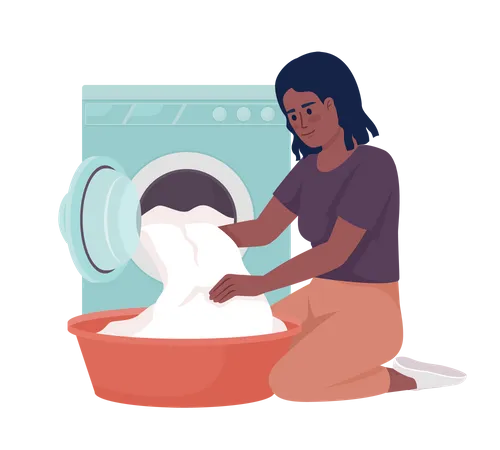 Mujer lavando ropa en lavadora  Ilustración