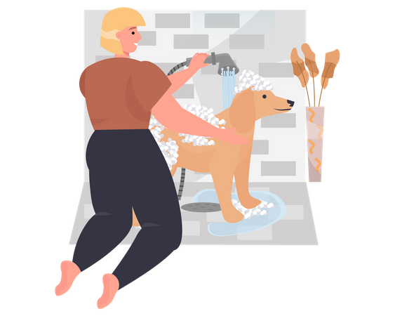 Mujer lavando a su perro en el baño.  Ilustración