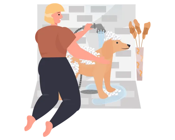 Mujer lavando a su perro en el baño.  Ilustración