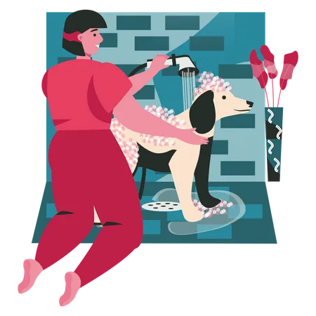 Mujer lavando a su perro en el baño.  Ilustración