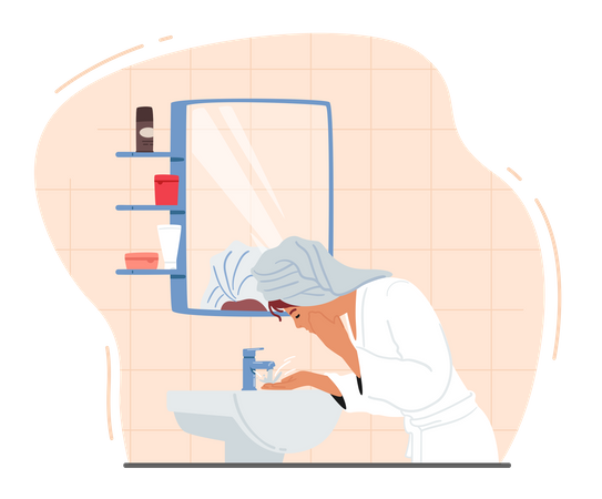 Mujer lavándose la cara en el fregadero  Ilustración