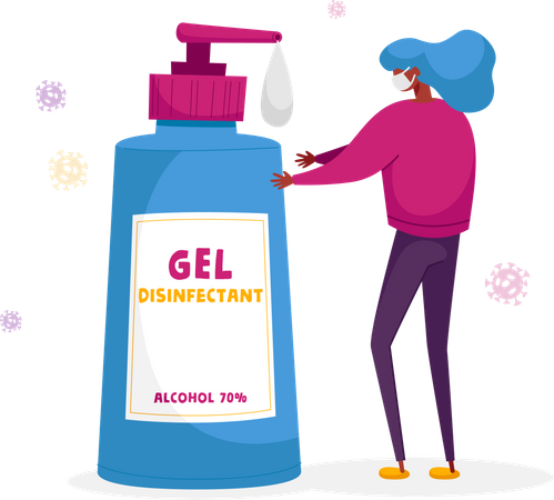 Mujer lavándose las manos con gel desinfectante  Ilustración