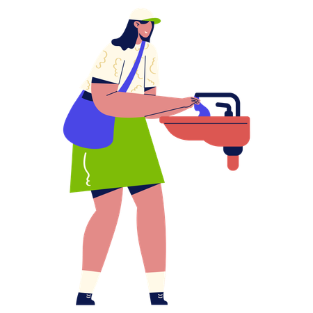 Mujer lavándose las manos en el fregadero  Ilustración