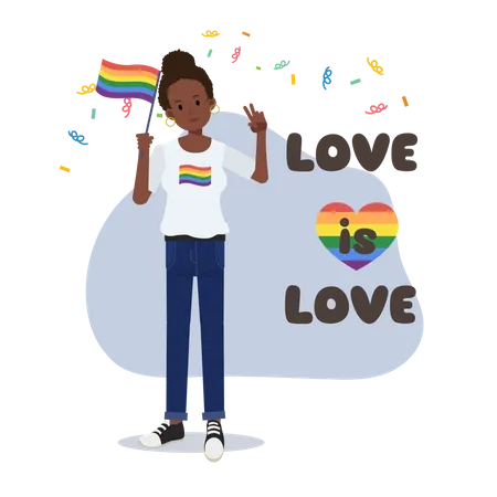Mujer lesbiana sosteniendo la bandera del arco iris  Ilustración