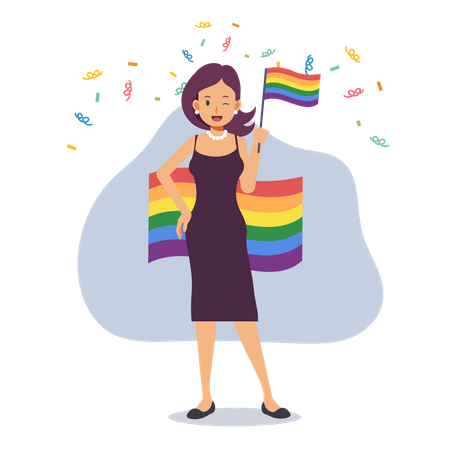 Mujer lesbiana sosteniendo bandera LGBT  Ilustración
