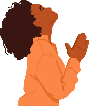 Personaje Femenino Negro Orando La Mujer Levanta La Cabeza Al Cielo En Silenciosa Reverencia Con Las Manos Juntas En Oracion Su Expresion Es Una Mezcla De Serenidad Y Devocion Ilustracion De Vector De Personas De Dibujos Animados Ilustración