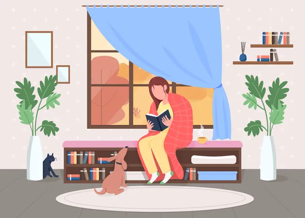 Mujer leyendo en casa  Ilustración