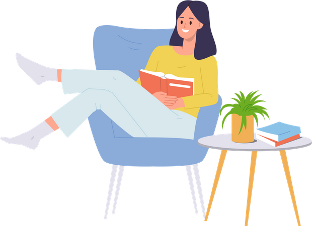 Mujer feliz leyendo un libro disfrutando de un hobby sentado en un sillón en casa  Ilustración