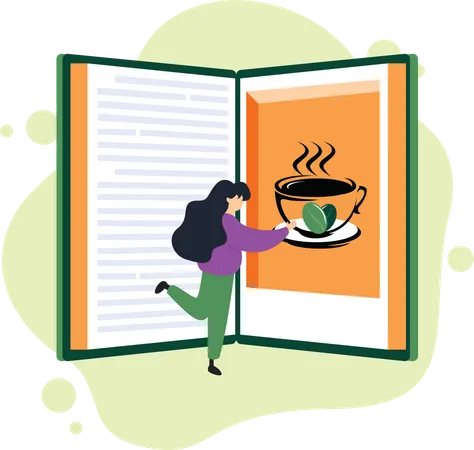 Mujer leyendo un libro con café  Ilustración