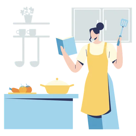 Mujer lee libro de recetas para cocinar comida  Ilustración