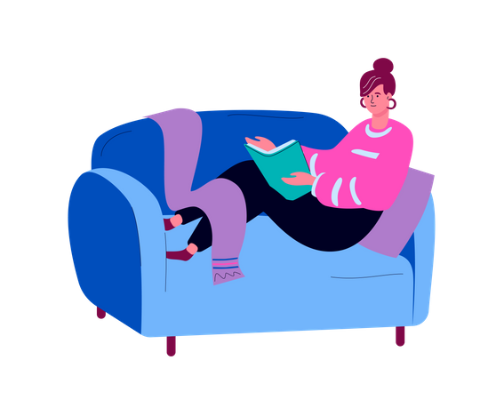 Mujer leyendo un libro en casa  Ilustración