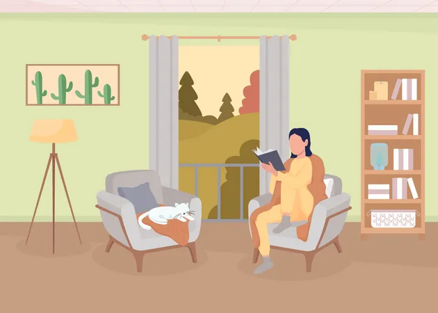 Mujer leyendo un libro en casa  Ilustración