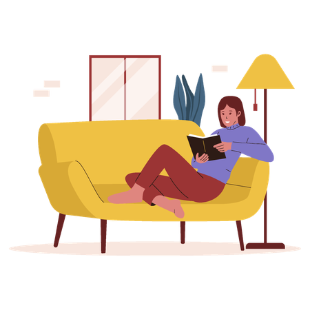 Mujer leyendo un libro en el sofá  Ilustración