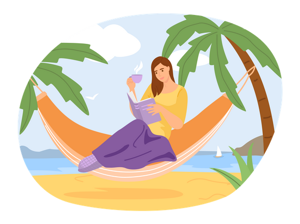 Mujer leyendo un libro de vacaciones  Ilustración